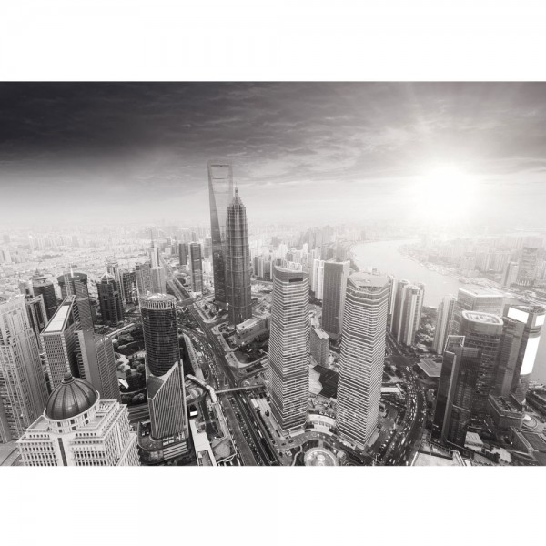 Fototapete Black and White Shanghai Sunset Skyline Tapete Wolkenkratzer schwarz - weiß | no. 49