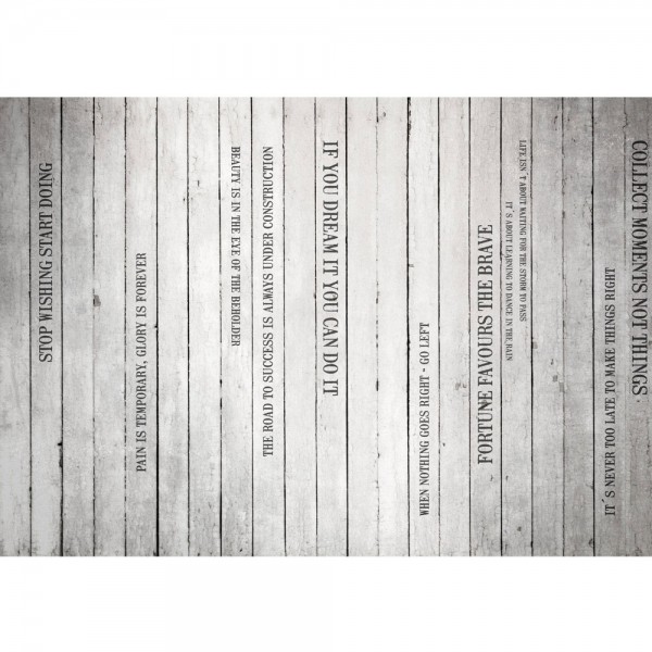 Fototapete Words on Wooden Wall II Schriftkunst Tapete Holzoptik Holzwand Paneel mit Text weiß Brett grau | no. 125