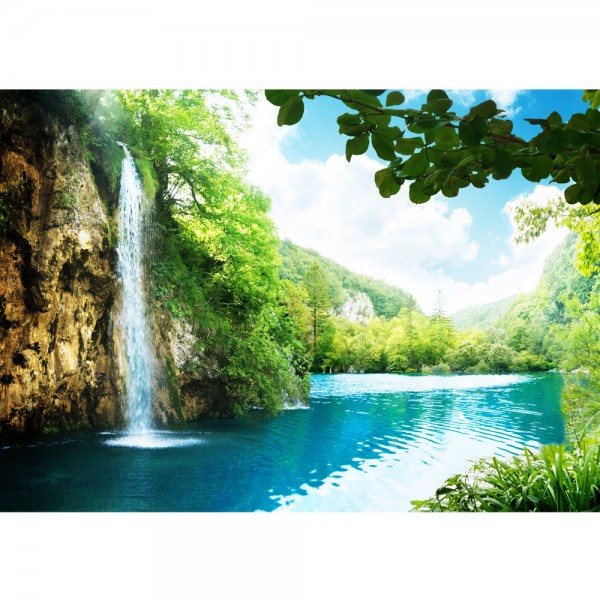 Fototapete Waterfall in Paradise Berge Tapete Wasserfall Lagune Paradies Berge See Wald Bäume Landschaft grün | no. 35