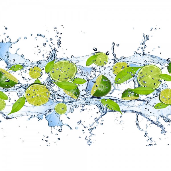 Fototapete Kulinarisches Tapete Limetten Wasser Blätter Tropfen Obst Frucht grün | no. 864